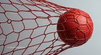 Red Soccer Ball in Goal Net with Dynamic Sports Atmosphere
