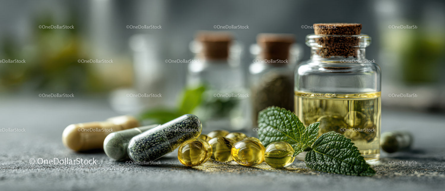 Herbal Supplements and Medicine Bottles with Capsules and Pills