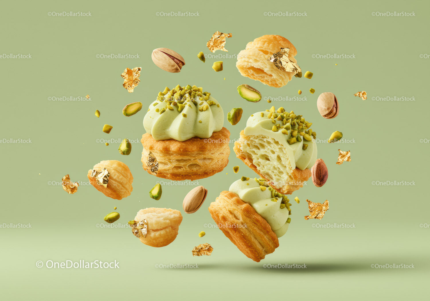 Elegant pistachio cream pastries with gold leaf accents