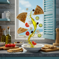 Mediterranean salad ingredients floating with olive oil splash