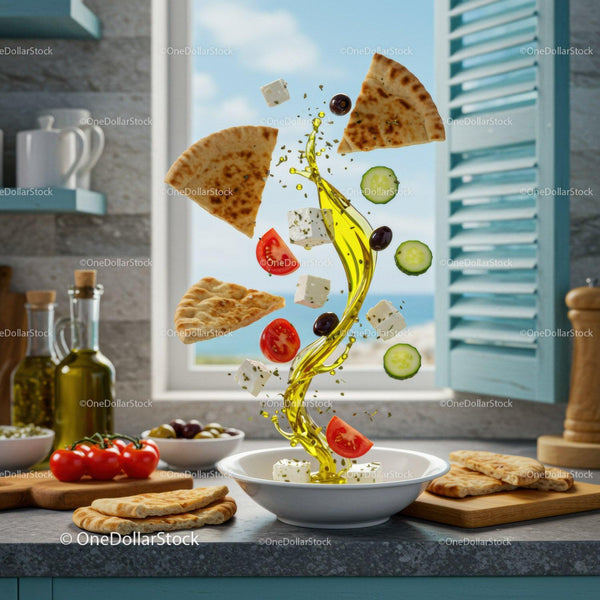 Mediterranean salad ingredients floating with olive oil splash