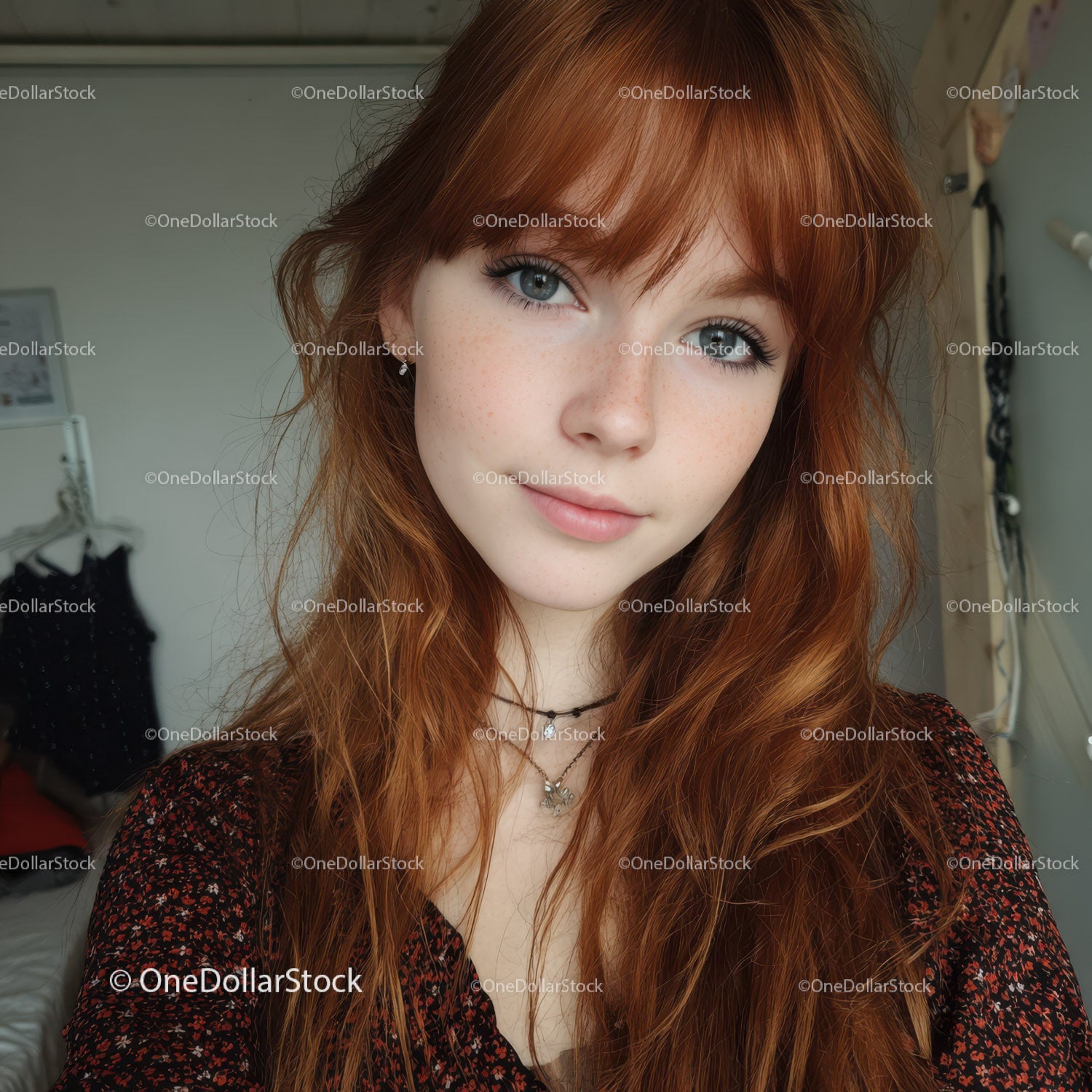 Portrait of a Red-Haired Woman with Blue Eyes and Freckles