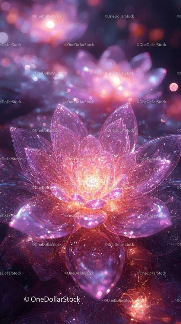 Luminous Pink Lotus Flower Surrounded by Glowing Water Lilies