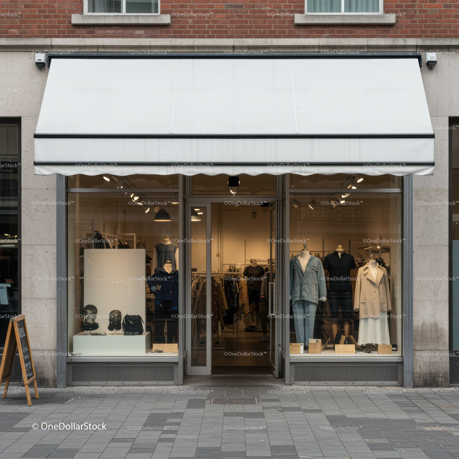 Modern clothing store front with stylish window display