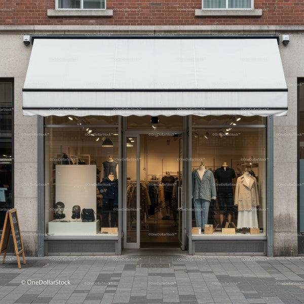 Modern clothing store front with stylish window display JPG Mockup Image