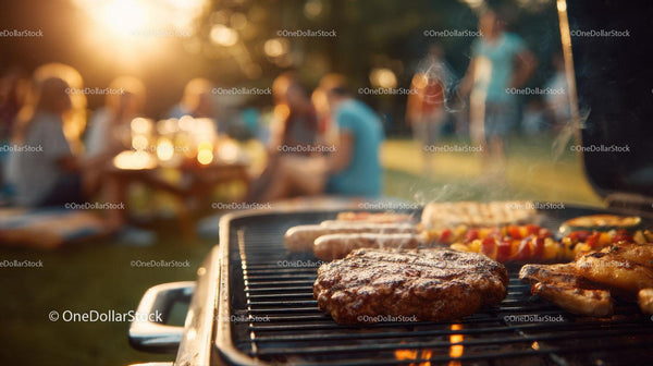 Outdoor Barbecue Scene with Grilled Steak and Vegetables