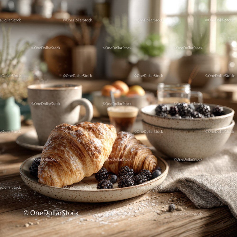 Rustic Breakfast with Croissants Coffee and Fresh Fruit