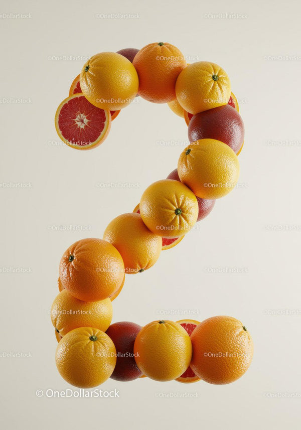 Number Two Made of Fresh Citrus Fruits on White