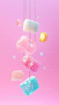 Colorful Ice Cubes against Bright Pastel Pink Background