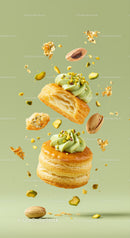 Pistachio cream puff pastry with nuts in motion