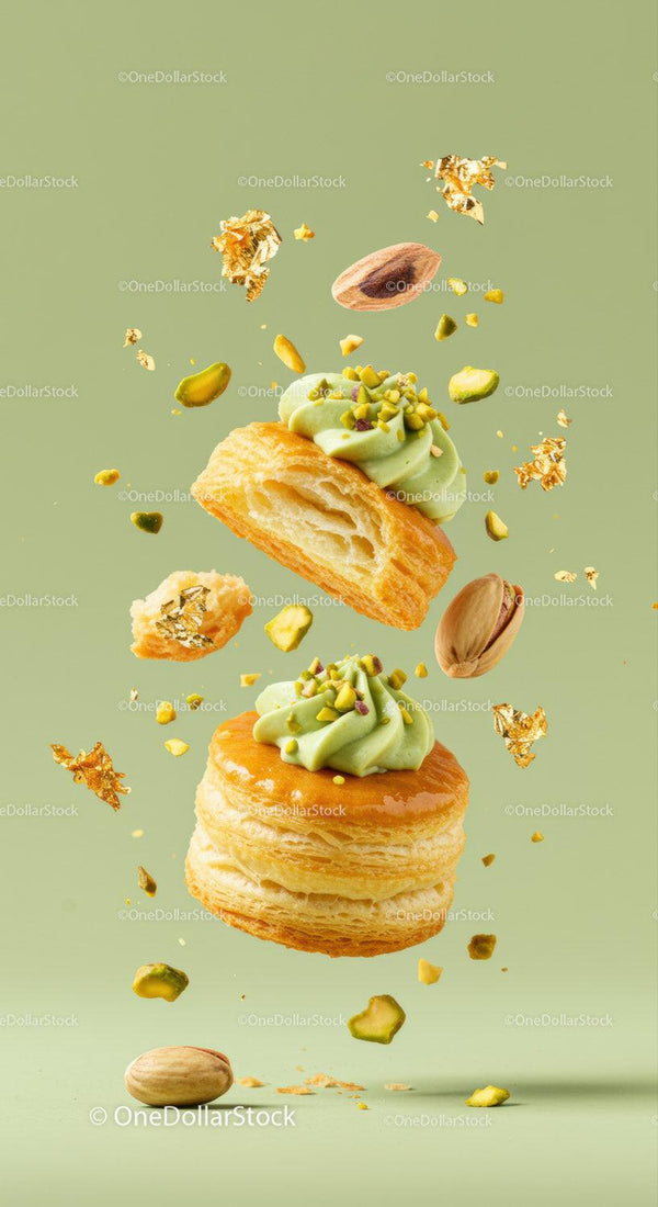 Pistachio cream puff pastry with nuts in motion