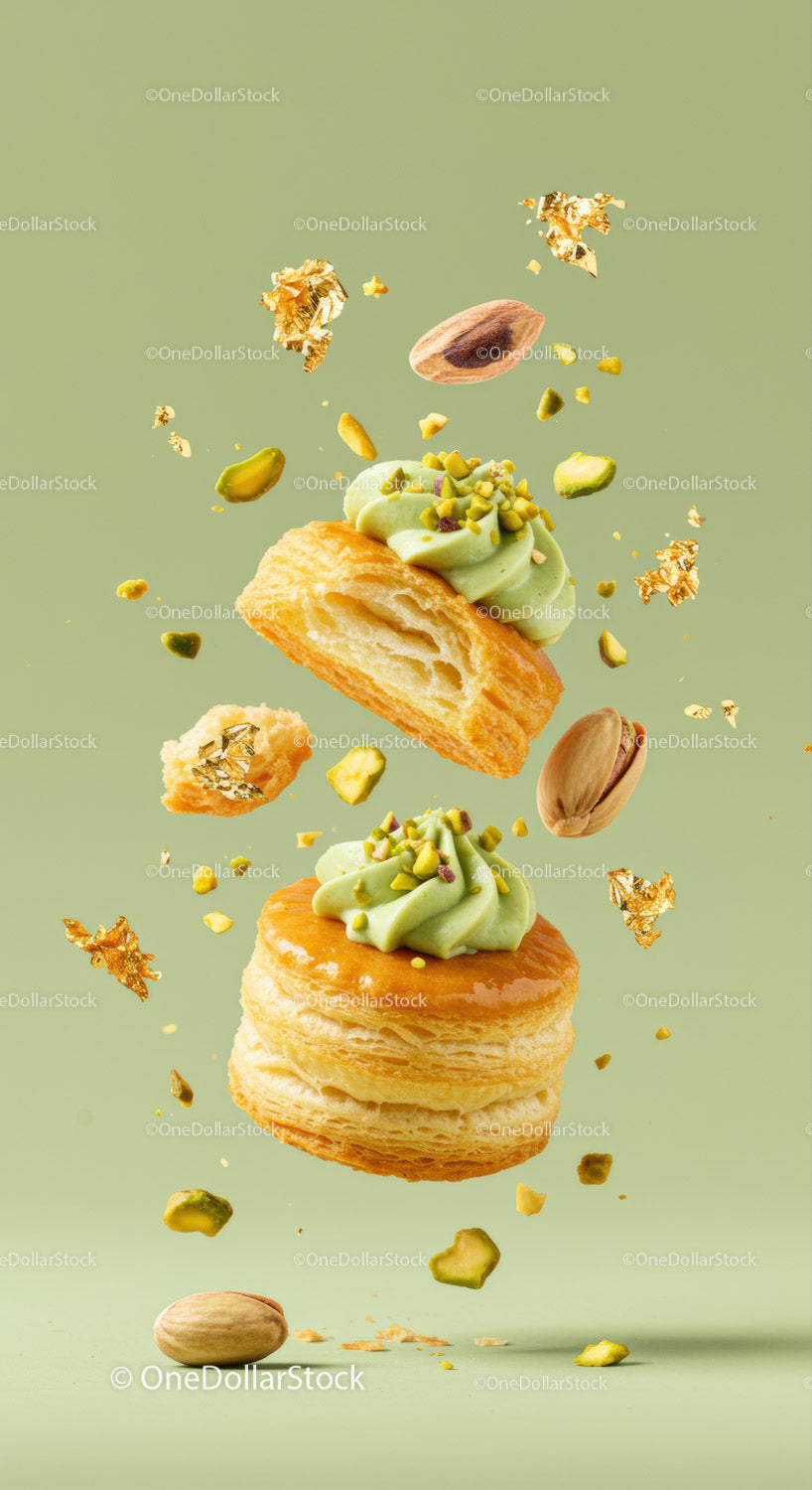 Pistachio cream puff pastry with nuts in motion