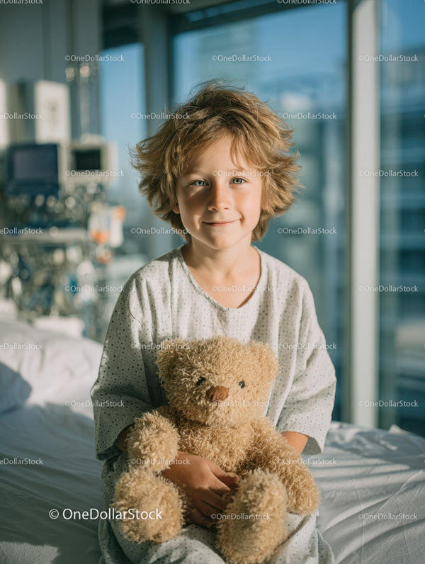 Smiling Child with Teddy Bear in Hospital Room