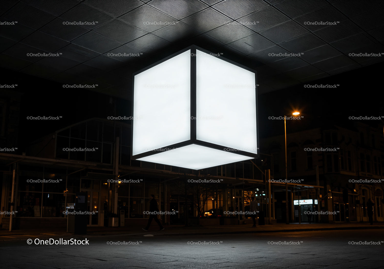 Illuminated floating cube lighting urban night street