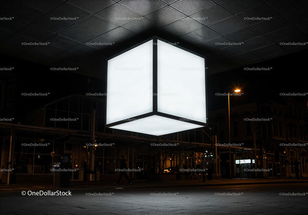 Illuminated floating cube lighting urban night street JPG Mockup Image