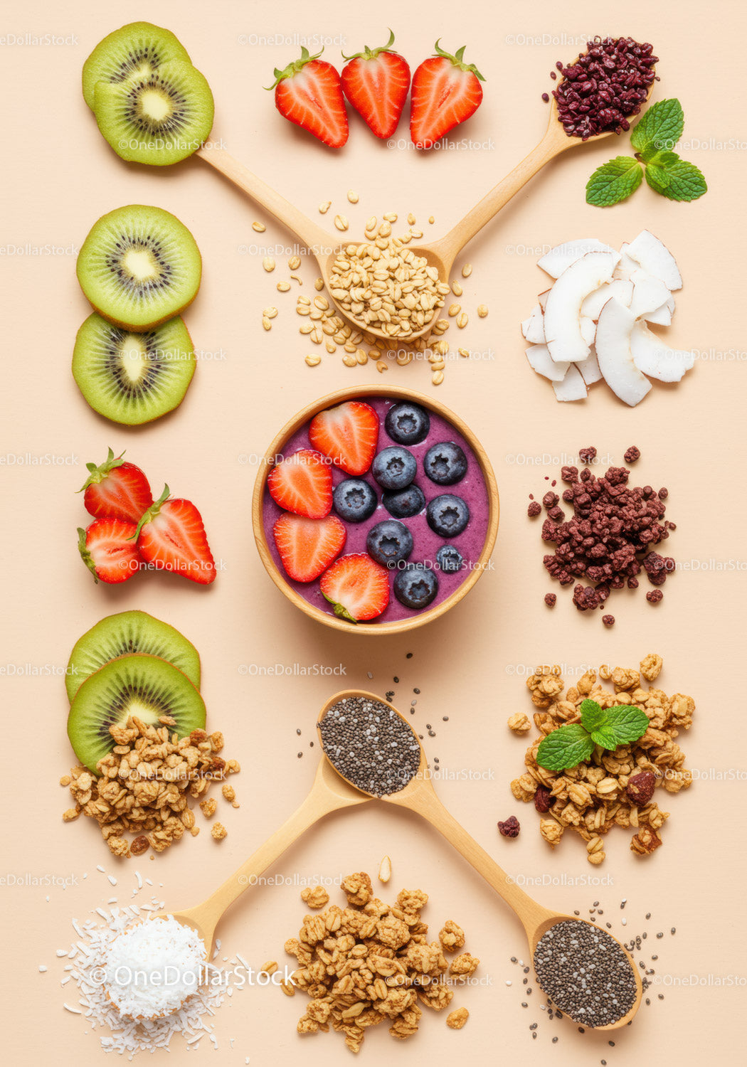 Fresh Healthy Smoothie Bowl with Toppings Arrangement