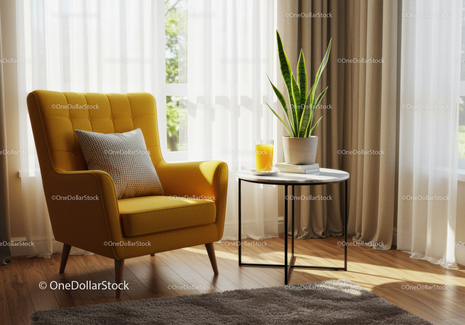 Cozy yellow armchair with plant and fresh juice near window