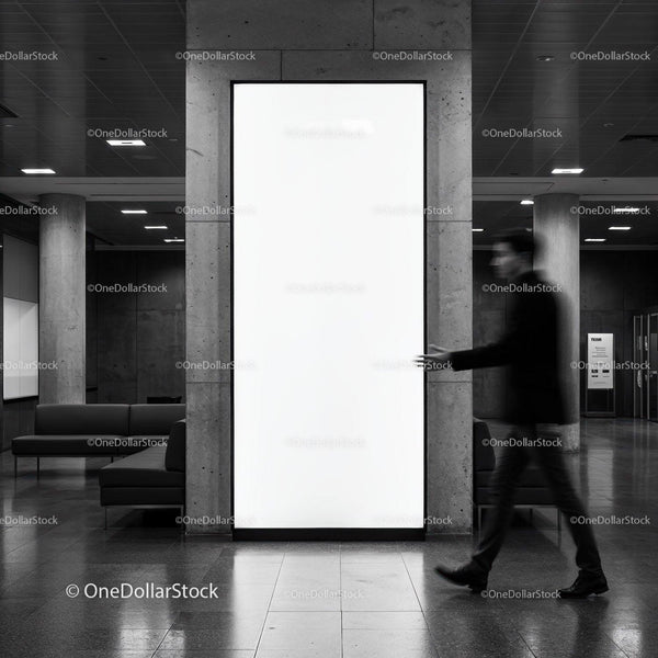 Man walking past large blank illuminated advertising panel JPG Mockup Image