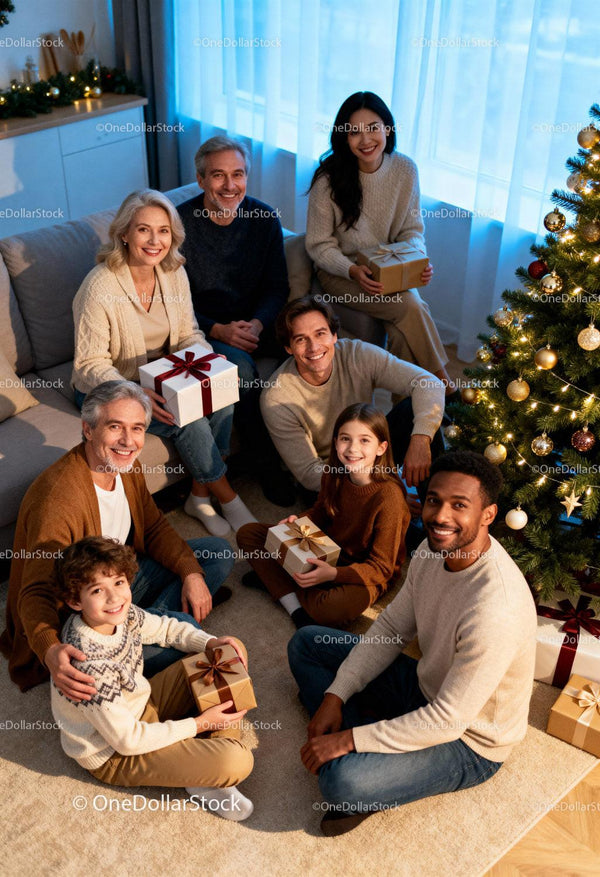 Multigenerational family exchanging Christmas gifts together