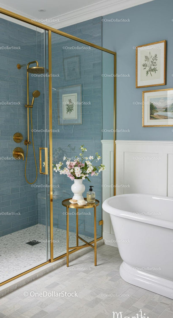 Elegant Bathroom with Gold Accents and Floral Decoration