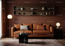 Cozy brown living room with modern sofa and soft lighting