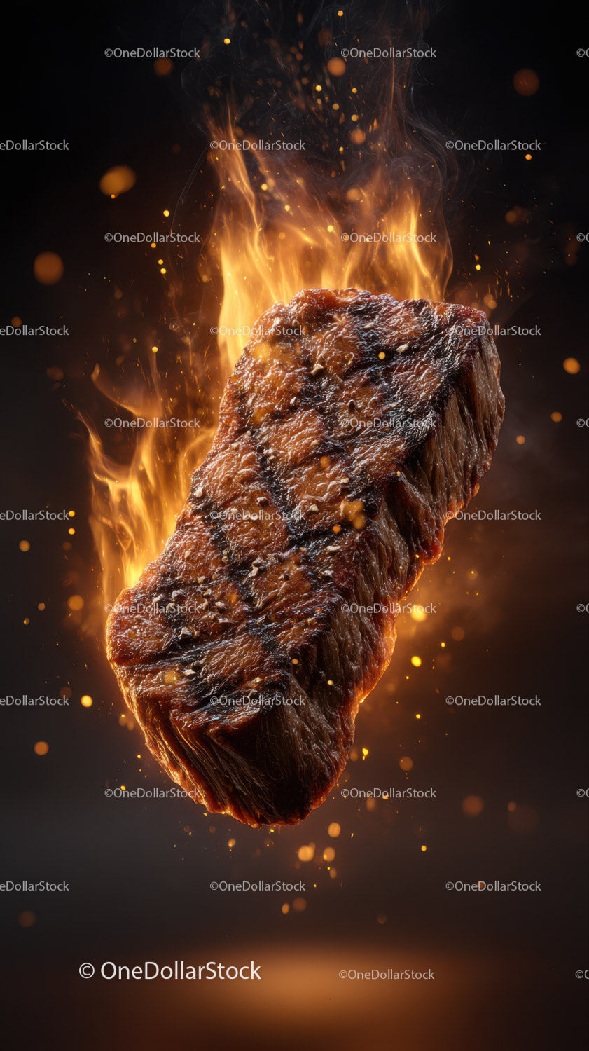 Fiery Flame-Grilled Steak with Sizzles in a Dark Background