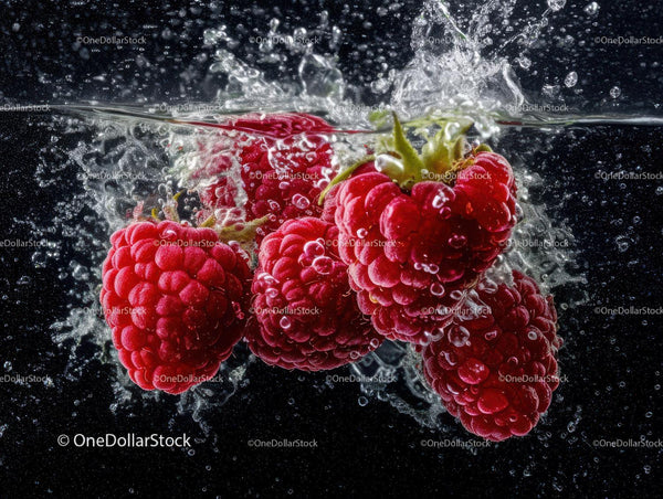 Red Raspberries in Water with Fruit Splash and Bubbles