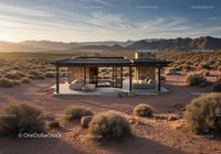 Modern Desert House with Outdoor Seating Beneath Mountain Sunset