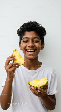 Joyful Boy with Pineapple Slices in Casual T-Shirt Bright Summer Mood