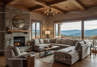Cozy living room with stone fireplace and mountain views