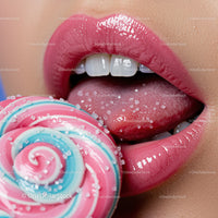 Close-Up of Glossy Lips Enjoying a Colorful Lollipop