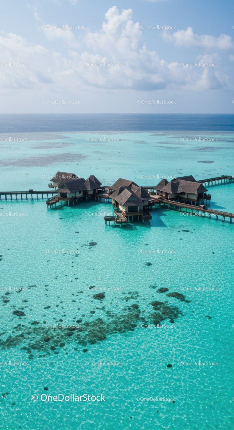 Overwater Bungalows in Turquoise Lagoon with Ocean Horizon