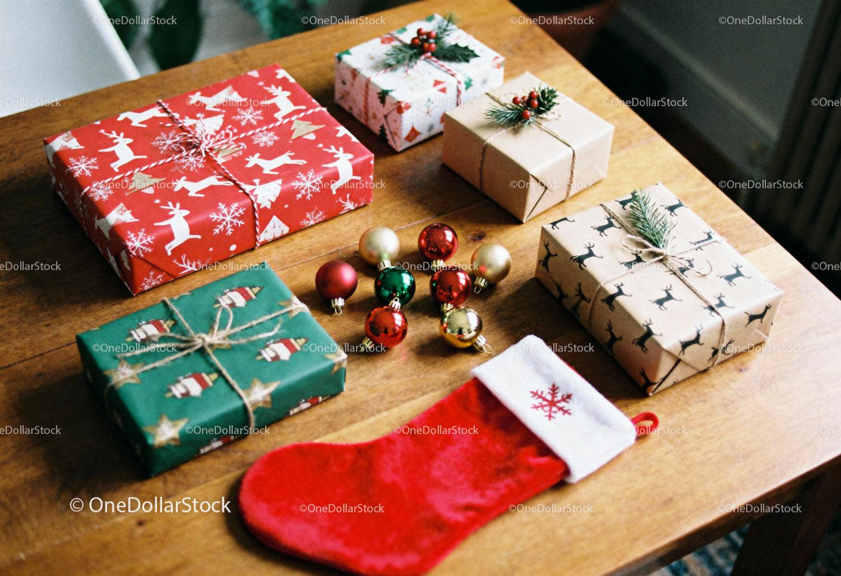 Festive Christmas gifts and ornaments on wooden table