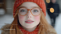 Young Woman Wearing Orange Knit Hat and Clear Glasses in Snowy Scene