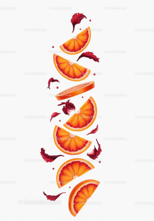 Fresh vibrant blood orange slices with hibiscus petals