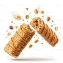 Caramel peanut candy bar with nuts flying around