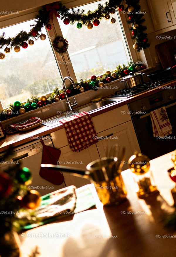 Cozy kitchen decorated with Christmas garlands and lights