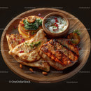 Gourmet Chicken and Fish Platter with Herbs and Dip on Wooden Plate