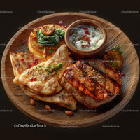 Gourmet Chicken and Fish Platter with Herbs and Dip on Wooden Plate
