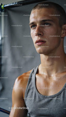 Focused young man sweating during intense workout