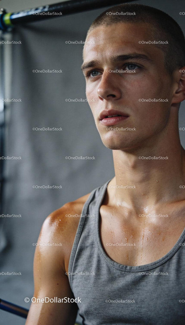 Focused young man sweating during intense workout