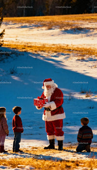 Santa Claus giving gifts to children outdoors in snow