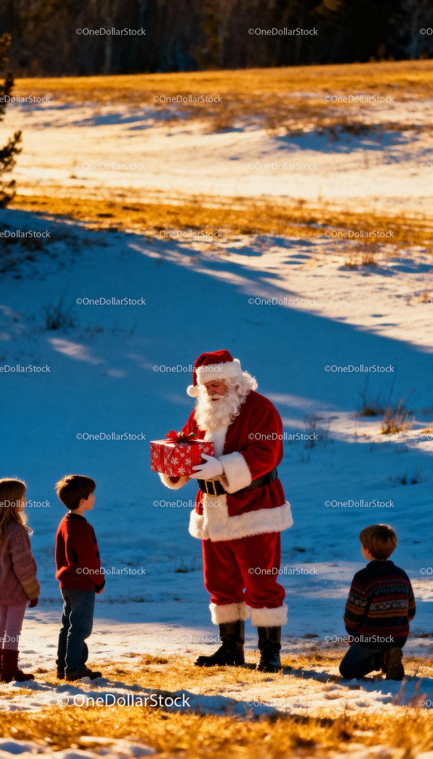 Santa Claus giving gifts to children outdoors in snow