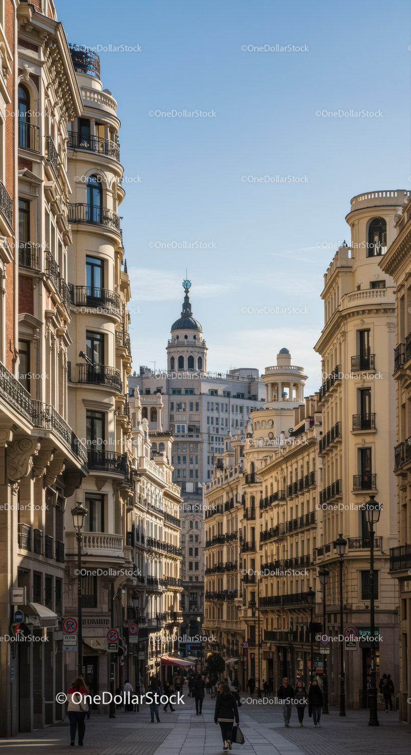 Elegant European City Street with Historic Architecture and Pedestrians