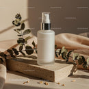 Elegant Skincare Bottle with Eucalyptus in Natural Lighting