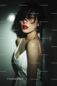Elegant Woman with Red Lips in Stylish Evening Dress