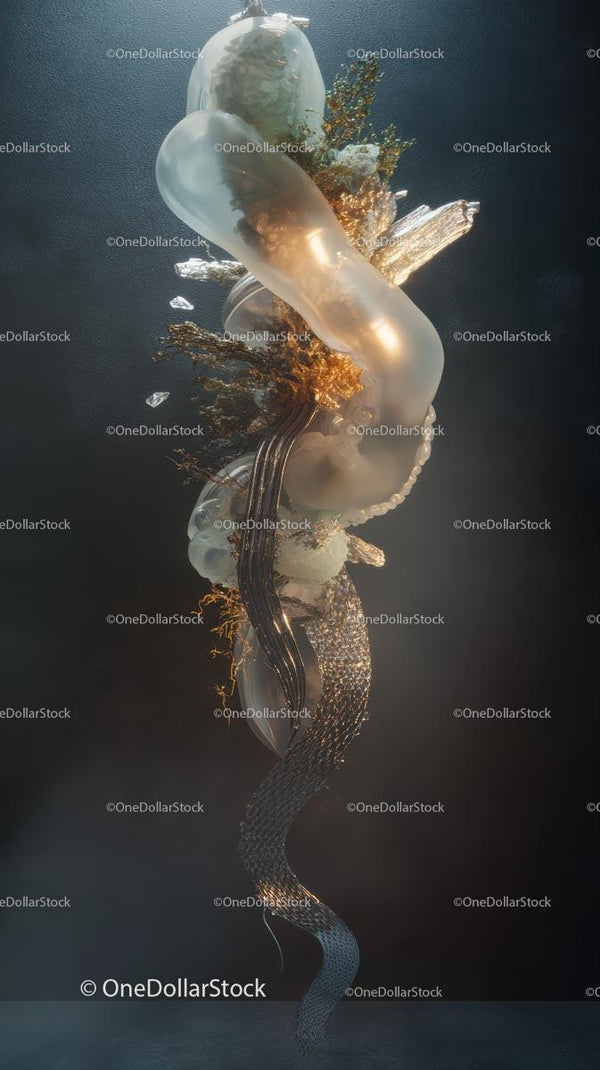 Abstract Modern Glass Sculpture with Metallic and Bubble Shapes
