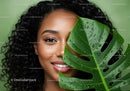 Vibrant Tropical Leaf and Woman with Curly Hair