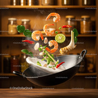 Fresh shrimp and herbs tossed in wok with steam