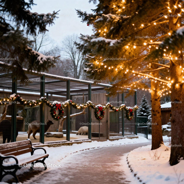 Winter zoo enclosure decorated with festive lights